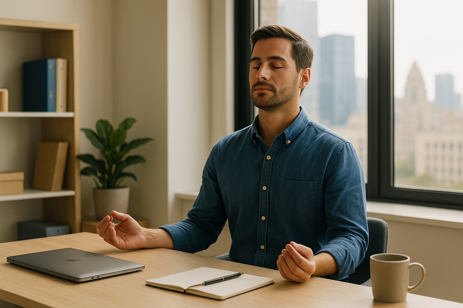 estres laboral hombre meditando oficina 1