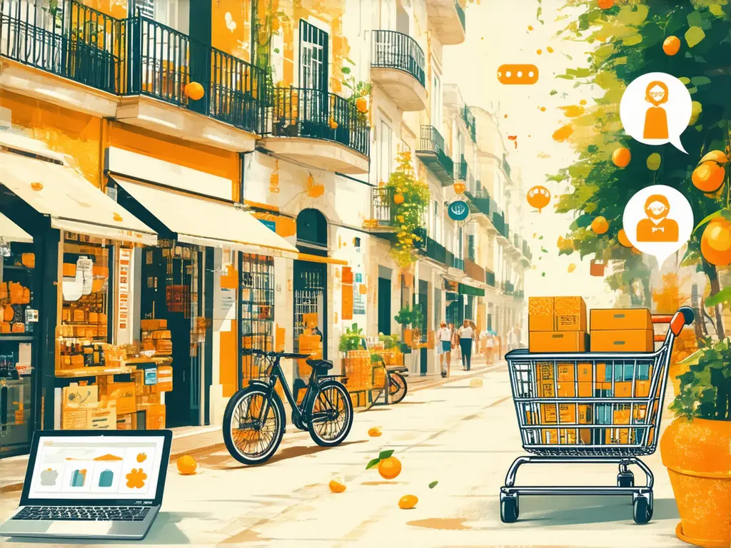 ilustración de una calle comercial en Valencia con tiendas de barrio, naranjos, carrito de compras y portátil simbolizando pymes que venden online sin perder su identidad local