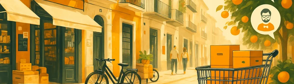 ilustración de una calle de Valencia con tiendas de barrio, carrito de compra y portátil que representan pymes vendiendo online manteniendo su identidad local