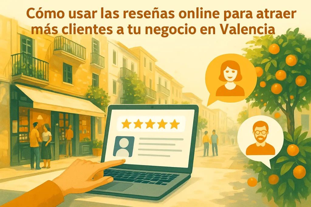 ilustración de portátil con valoraciones de cinco estrellas y calle de Valencia que representa cómo las reseñas online ayudan a atraer clientes a los negocios locales