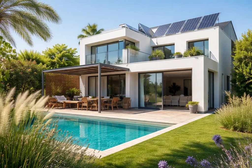 vivienda moderna eficiente con paneles solares y pergola, ejemplo de arquitectura pasiva en Valencia