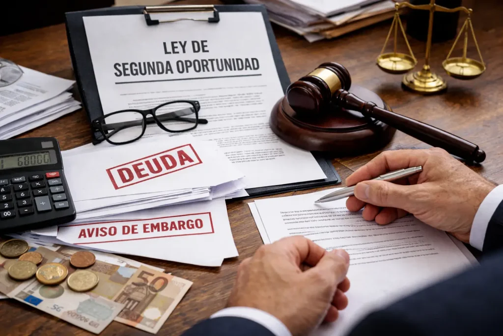 documento de ley de segunda oportunidad con avisos de deuda y embargo sobre una mesa de despacho