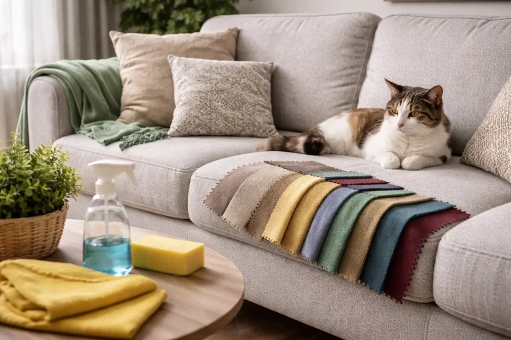 sofa en salon con muestras de telas y gato, ideal para elegir tapiceria antimanchas y resistente para uso diario