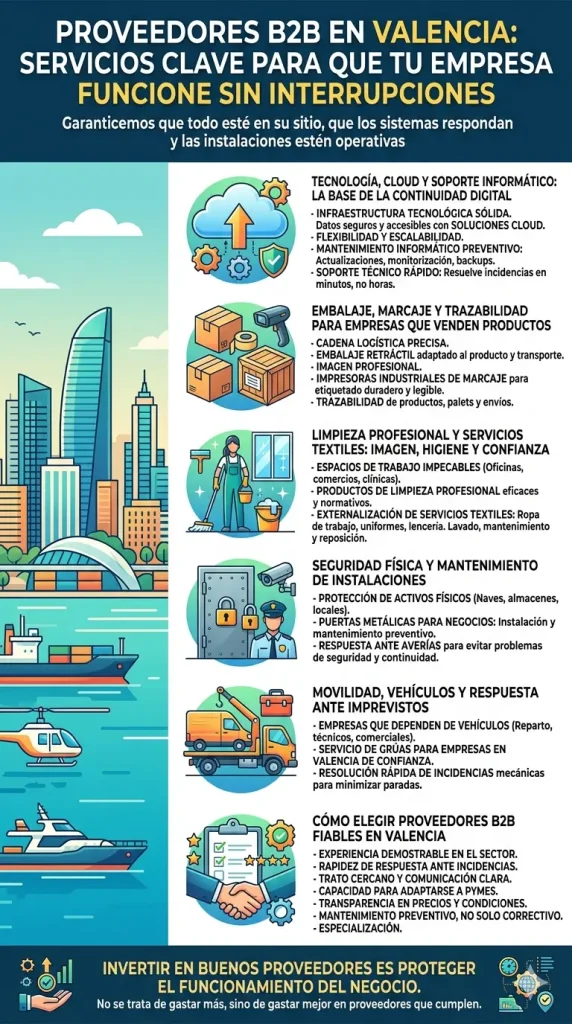 Infografía vertical sobre proveedores B2B en Valencia que detalla servicios clave como soporte informático, embalaje industrial, limpieza profesional, mantenimiento de instalaciones y servicios de grúas para garantizar la continuidad operativa de las pymes locales.